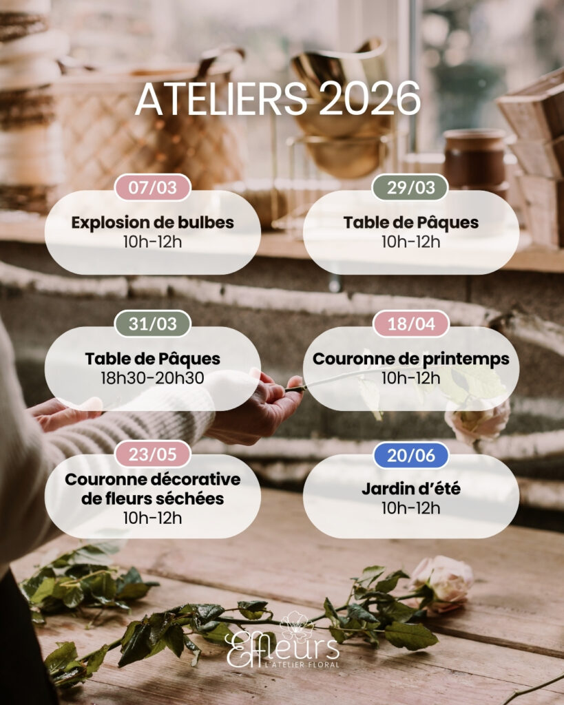 Planning des ateliers de création florale organisés par Effleurs à Plesnois, premier semestre 2026